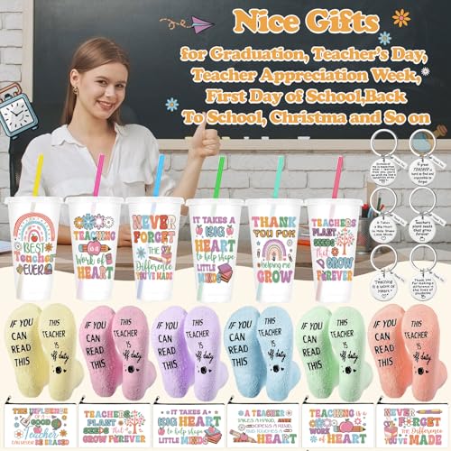 Bright Teacher Appreciation Gift Set with 24 oz Tumblers Socks Makeup Bags & Keychains - Back to School