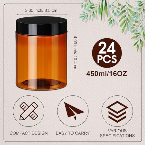 Tanlade 24 Pcs 16 oz Amber Plastic Jars with Lids Round Cosmetic Containers Leak Proof Refillable Empty Containers for Creams Lotion Body Butter Oil Ointments Powders Beauty Products Travel Storage