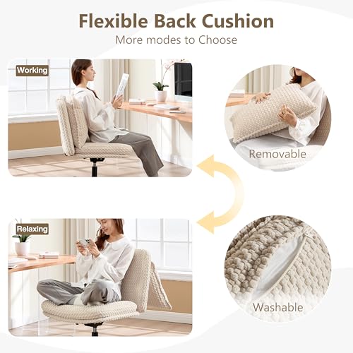 Fizzin Beige Cross Cross Chair with Memory Foam Cushions & Wheels, Armless Home Office Seating