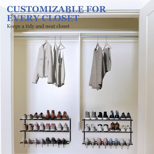 Black 4 Pack Wall Mounted Shoe Rack Adjustable 3-Tier Organizer with Hooks