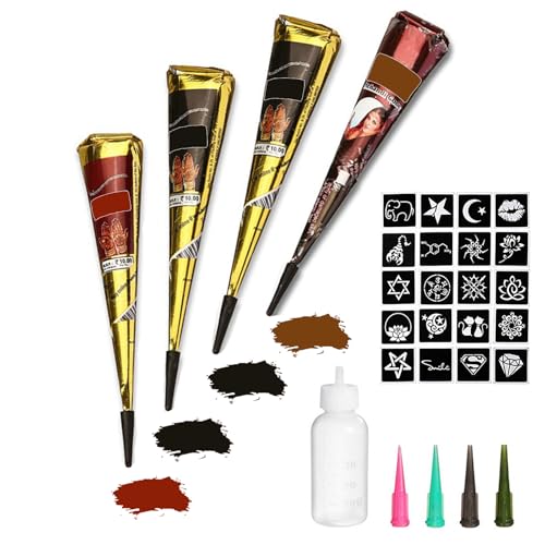 Temporary Tattoos Kit, 4Pcs Semi Permanent Tattoo Paste Cones, India Body DIY Art Painting for Women Men Teens,Summer Trend Freehand Plaste with 3 Colors,20Pcs Adhesive Stencil,1Pc Bottle,4Pcs Nozzles
