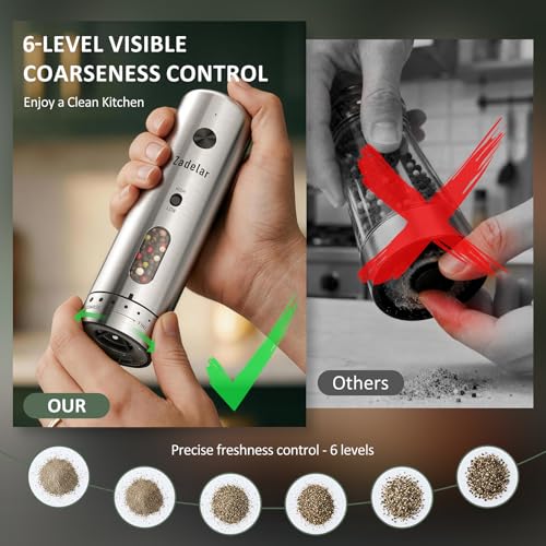 Rechargeable Salt and Pepper Grinder Set - Variable Speed Silver with 6-Level Visible Coarseness Adjustment