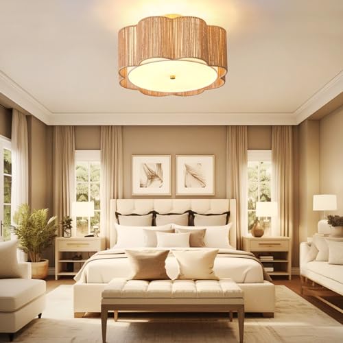 17.7-Inch Rattan Flush Mount Ceiling Light - Boho Farmhouse Drum Chandelier, Yellow, 3-Light