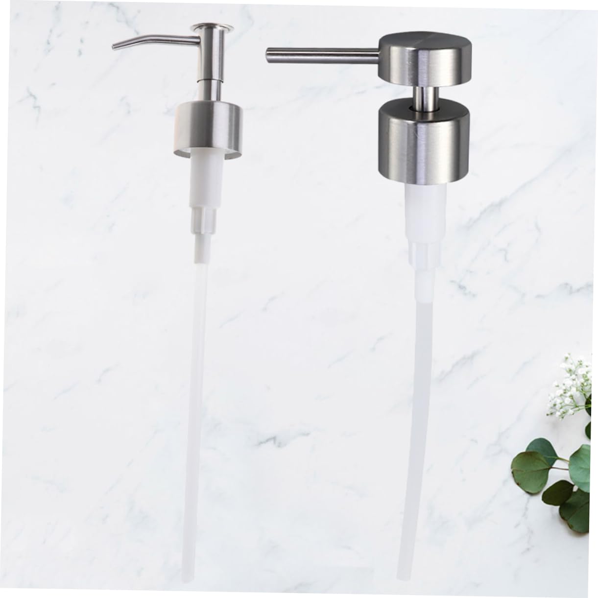 VALICLUD 2Pcs Stainless Steel Pump Head Replacement for Lotion and Soap Dispenser Bottle Caps with Long Nozzle for Easy Control for Home Kitchen and Bathroom Use