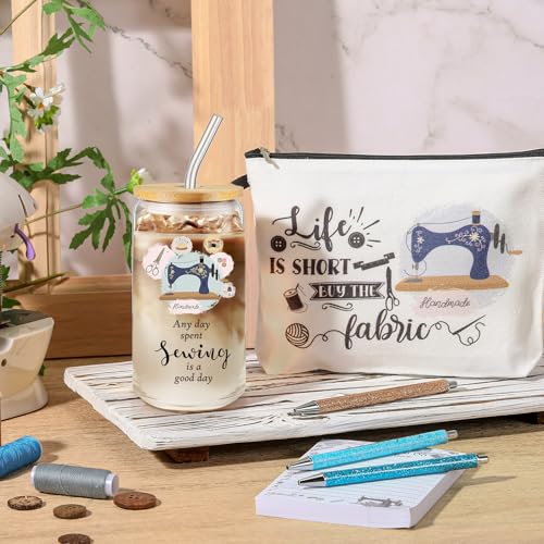 Kacctyen 6 Pcs Sewing Gifts for Quilters Sewing Enthusiast Notions Canvas Makeup Bag 16.9 oz Glass Tumbler 100 Sheets to Do List Notepad and 3 Ballpoints Pens Quilting Lover Gifts for Women