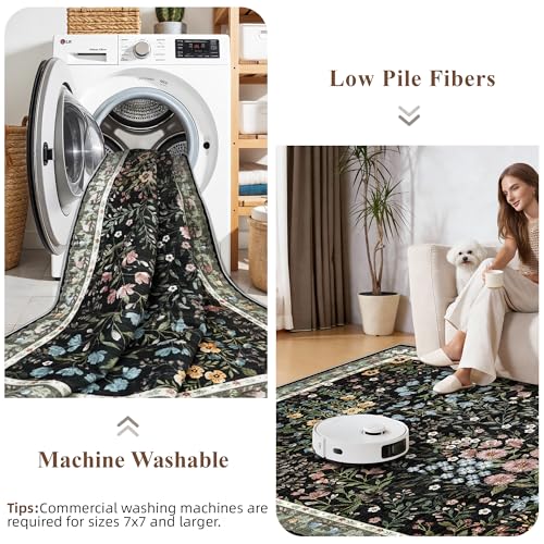Black Square 7x7 ft Floral Area Rug - Non-Slip, Machine Washable, Indoor Carpet for Living Room Bedroom Office