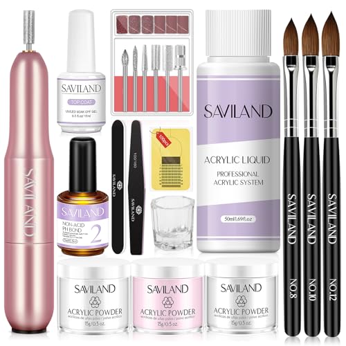 SAVILAND Acrylic Nail Kit with Drill: 15g White Pink Clear Acrylic Powder and Liquid, 100 Forms, Brushes, Primer, Top Gel & Tools ? Extension Nail Kit for Beginners with Everything Home Use