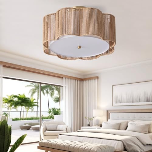 17.7-Inch Rattan Flush Mount Ceiling Light - Boho Farmhouse Drum Chandelier, Yellow, 3-Light