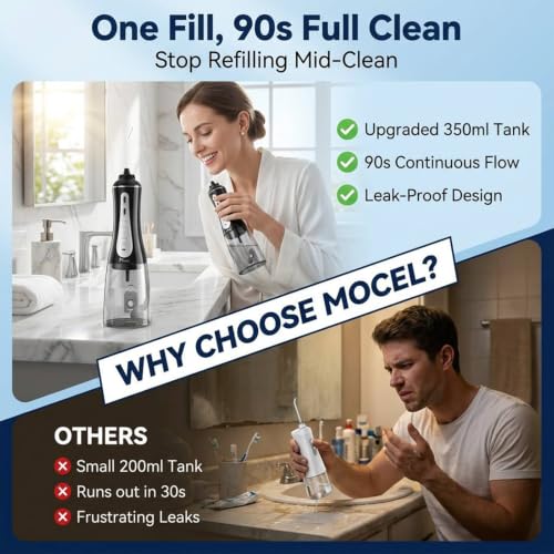 MOCEL Black Water Dental Flosser with 5 Modes & 6 Tips - Cordless IPX7 Waterproof 350ml