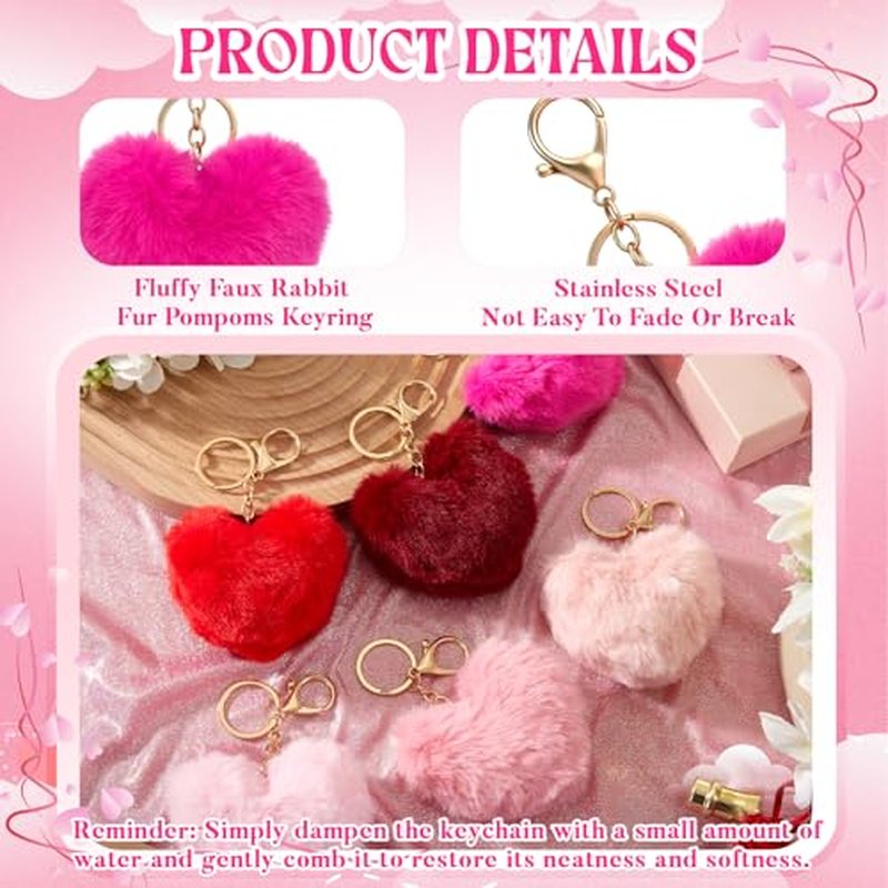Landical 6 Sets Galentine's Day Makeup Bags Gifts Bulk for Woman Valentine's Day Canvas Bags with Zipper Pink Plush Heart Keychains Galentines Party Favors Supplies for Friends Besties Ladies