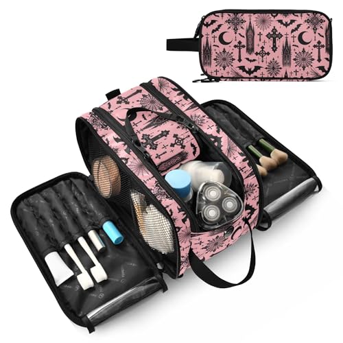 Mnsruu Bats Gothic Moon Spider Web Makeup Bag with Compartments - Travel Toiletry Organizer, Large Capacity