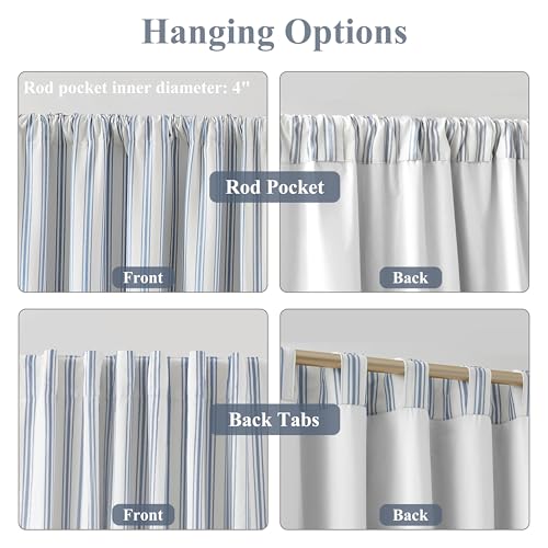 Blue Striped Full Blackout Curtain Panels 55 x 90 Inches Pack of 2 - Light Filtering Bedroom Drapes