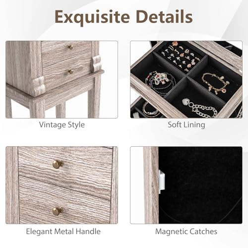 GIANTEX Standing Jewelry Cabinet with Flip Top Mirror & Light Gray Oak Finish