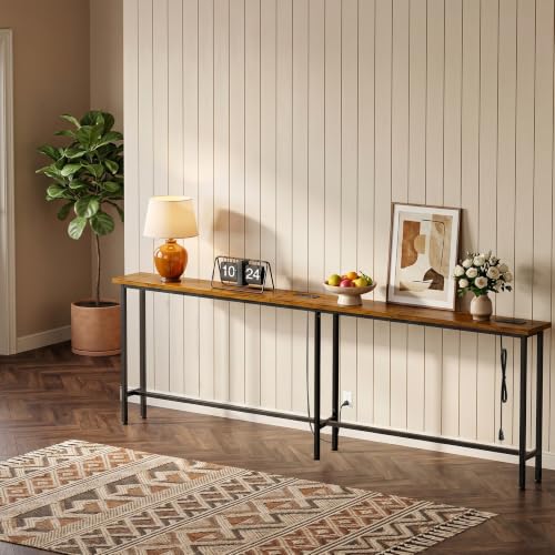 110 Inch Narrow Sofa Table with Charging Station - Rustic Brown, Extra Long Console Behind Couch
