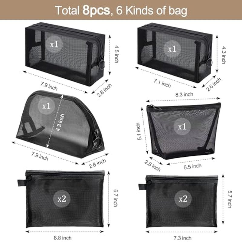 8 Pieces Mesh Makeup Bag Set,Cosmetic Bags Make up pouch,Portable Clear Travel Toiletry Makeup Kit Bag Organizer Mesh Zipper Pouch Purse Beauty Storage Bags for Home Office Travel Accessories(Black)