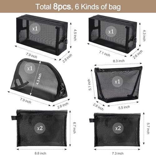 Hotipine 8PCS Mesh Makeup Bag Set - Clear Travel Cosmetic & Toiletry Organizer