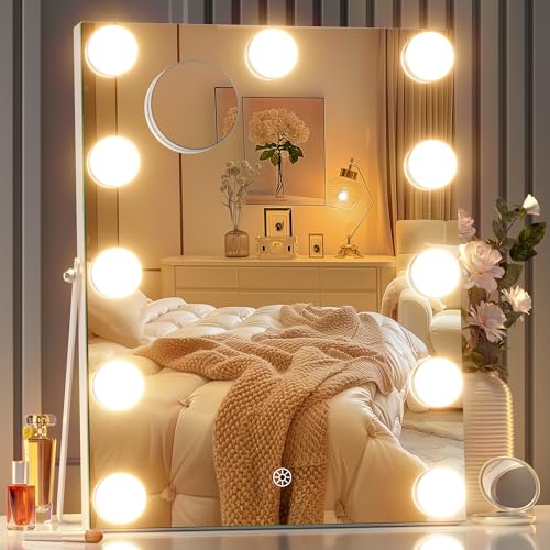 Hasipu Vanity Mirror with Lights - 11" x14¡±Hollywood Makeup Mirror with 11 Dimmable LED Bulbs, 10X Magnification, 3 Color Modes, Touch Control & USB Port, 360¡Æ Rotation