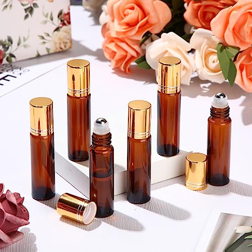 Tanlade 100 Pcs Essential Oil Roller Bottles 10 ml Amber Roll on Glass Refillable Leakproof Empty Rollerball Bottles with Funnels and Stainless Steel Roller Balls for Travel Lip Gloss