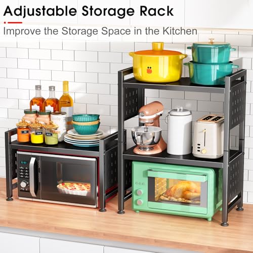 Kitstorack 3-Tier Black Expandable Microwave Stand with Hooks & Cutting Board Holder