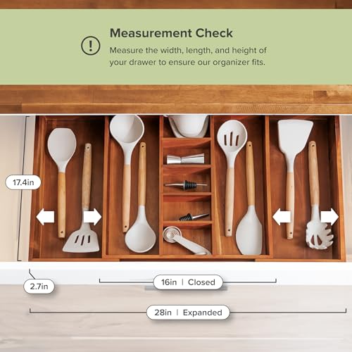 KitchenEdge Expandable Acacia Drawer Organizer - Natural, Fits 16-28 Inch Wide Drawers