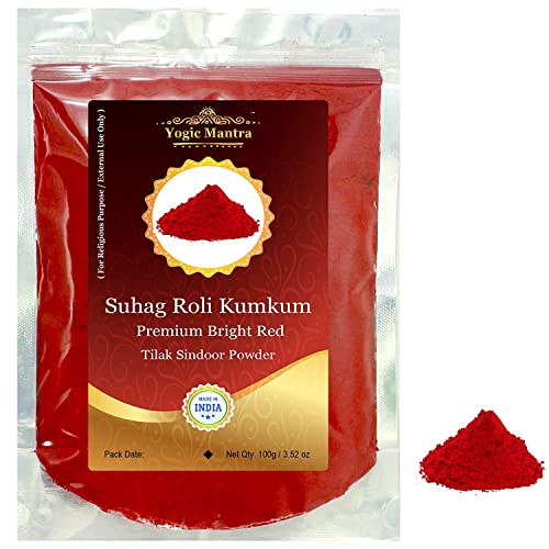 Yogic Mantra Suhag Roli Kumkum Powder (100g Resealable Pouch) Premium Bright Red Color Sindoor Ceremonial Mark - Hindu Pooja, Bridal Sindur Tilak, Suhag Tikka, Indian Rakhi & Puja Religious Ceremony