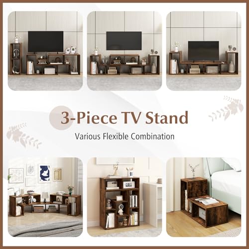 GIANTEX Brown Free-Combination TV Stand for 50-65 Inch Televisions, 3-Piece Media Console with Storage Cubes