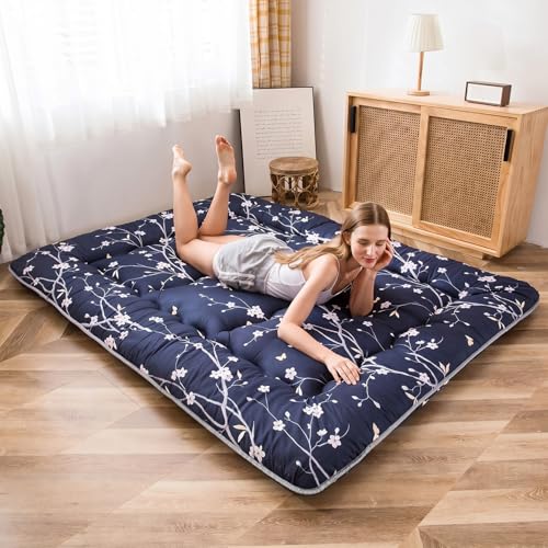 MAXYOYO Navy Floral Japanese Floor Mattress 4-Inch Queen Size Futon
