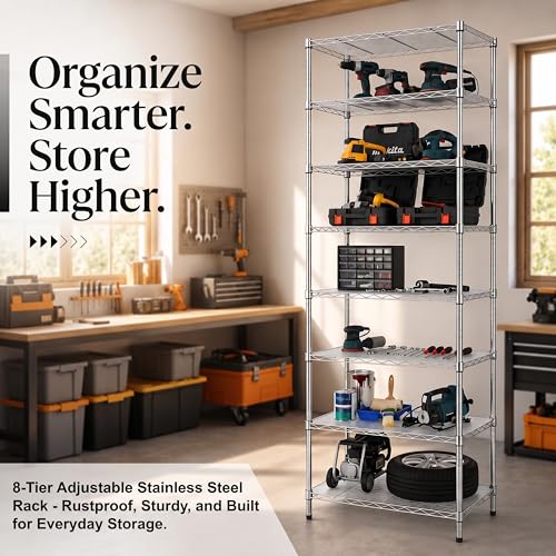 Chrome 8-Tier Wire Shelving Unit - Adjustable Steel Storage Rack 80.7 Inches