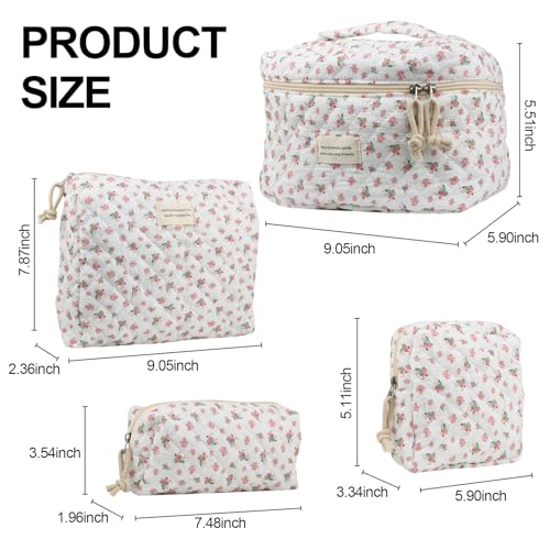 Large Cotton Quilted Makeup Travel Bag with Floral Design - Red Rose, 4-Piece Set - Women's Organizer