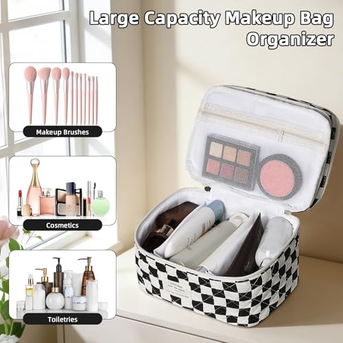 Gosect Large Capacity Quilted Makeup Bag - Black Checkered Travel Cosmetic Organizer for Women & Girls