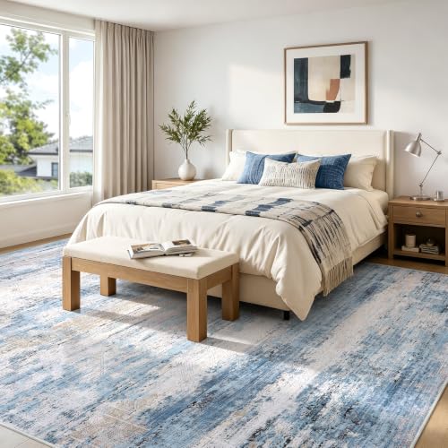 Large Washable 8x10 Area Rug for Living Room & Bedroom Blue Brown - Non Slip