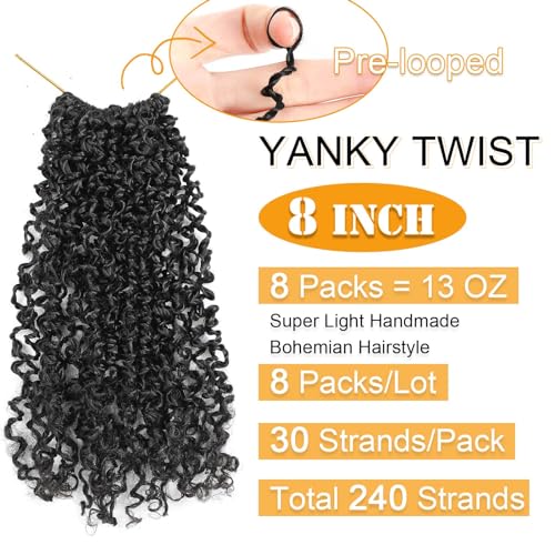 Aksice Pre-Looped Yanky Twist Crochet Hair 8 Inch 8-Pack for Black Women #1B