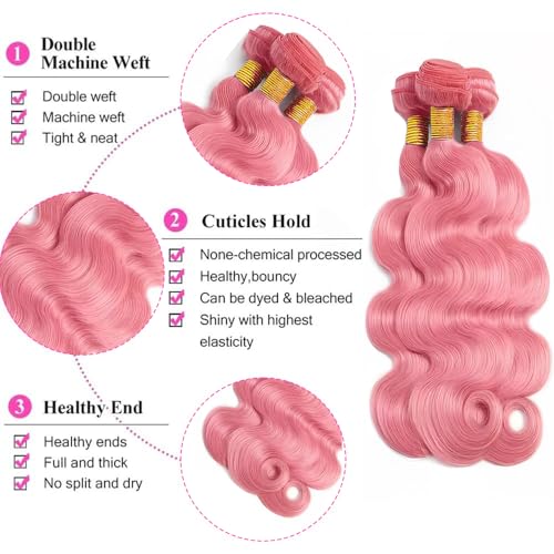 Pink Body Wave Human Hair Bundles - 3 Pack 10-14 Inch Brazilian Virgin Hair