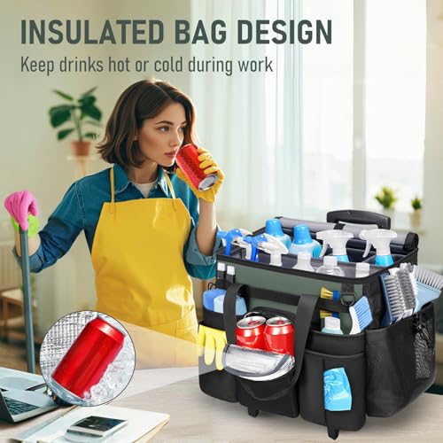 Ytonet Extra Large Black & Green Rolling Cleaning Caddy with Wheels & Insulated Compartment – Organizer & Trolley
