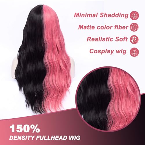 Morticia Pink and Black Wavy Half Wig with Bangs for Cosplay & Parties