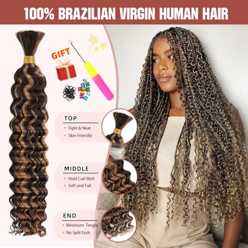Deep Wave Human Braiding Hair - 14 Inch Highlight Balayage, 40G, No Weft - Boho Knotless Braids Variation P4/27