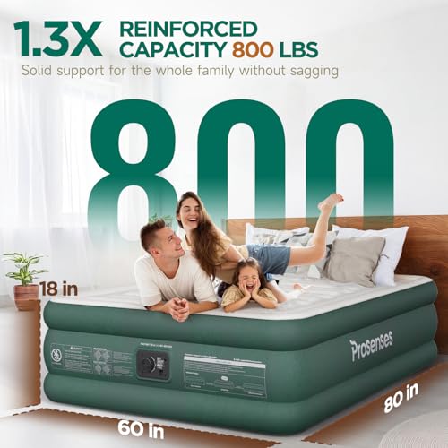 Queen Air Mattress with Built-in Pump, 18in, Green, 3-Layer Laminated Surface
