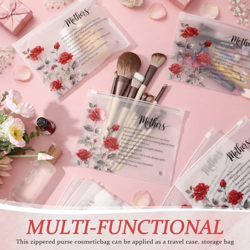 Sunnymove 100 Pcs Frosted Transparent Makeup Bags with Red Rose - Mothers Day Gift Set, Zipper Pouches 5.91 x 7.87 in