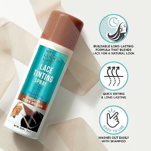 KISS Colors & Care Quick Drying Lace Tinting Spray, Medium Brown, 3 oz. - Blends Lace Seamlessly, Washes Out Easily, Smudge-Free Formula, Sweat Resistant, Natural Look, Buildable Coverage