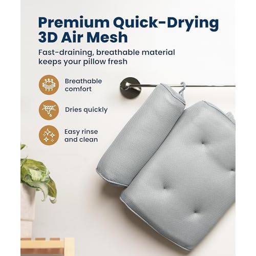 Everlasting Comfort Luxury Bath Pillows for Tub with Head and Neck Support - Non-Slip Bathtub Pillow with Suction Cups, Quick-Drying Mesh & Drying Hook - Jacuzzi & Spa Accessories for Women - Gray