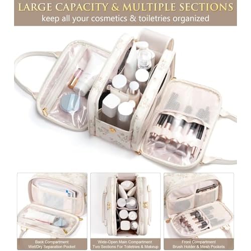 Travel Makeup Bag, Large Capacity Quilted Toiletry Bag for Women Stand-up Cosmetic Bag Open Flat Make Up Case Organizer Portable Pouch Purse w/Handle for Traveling Accessories Beige Floral