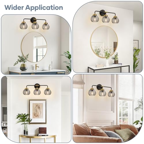 Bathroom Vanity Light Fixture 3-Light Smoke Gray Glass Leaf Texture Modern Black & Gold