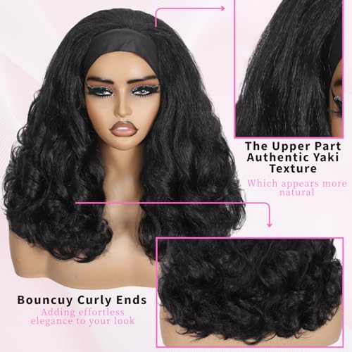 16 Inch Yaki Curly Headband Wig Natural Black - No Glue, Tangle-Free, Synthetic Hair
