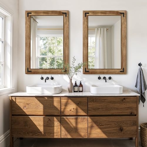 26x38 Inch Rustic Wooden Wall Mirror - Distressed Frame for Bathroom & Bedroom