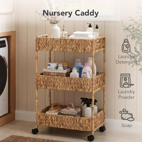 Water Hyacinth 3-Tier Rolling Cart with Wheels - Natural Brown & Black, Nursery & Home Storage