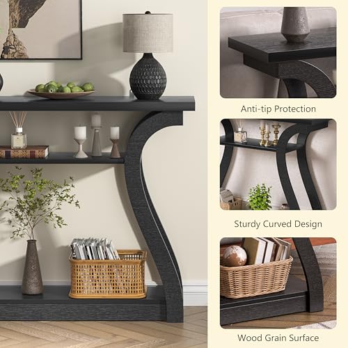 Black Wood Console Table with 3-Tier Shelves - Farmhouse Style Entryway Table