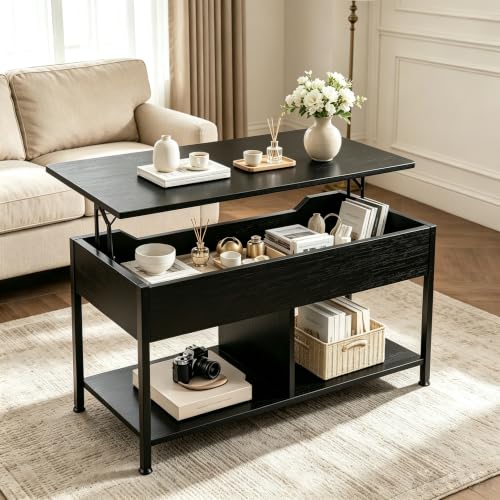Wood Lift Top Coffee Table with Storage and Modern Rustic Design