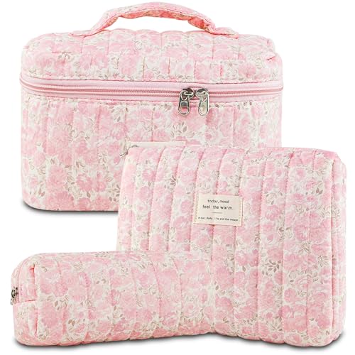 Pink Floral Quilted Makeup Bag Set – Large Travel Cosmetic Pouches for Women and Girls