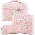 Pink Floral Quilted Makeup Bag Set – Large Travel Cosmetic Pouches for Women and Girls
