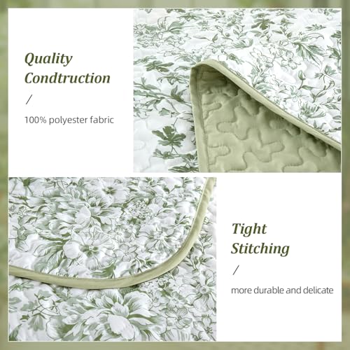 California King Quilt Set - Sage Green Botanical Lightweight Bedspread with Pillowcases - Reversible, 3 Pieces